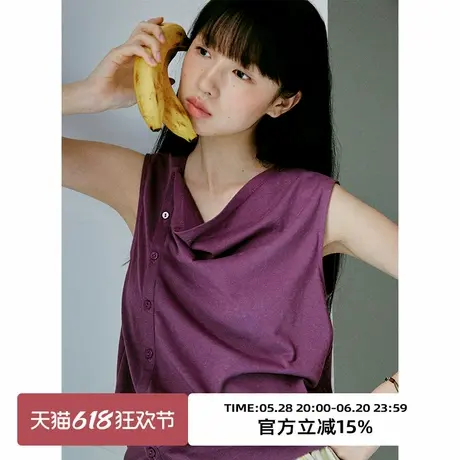 omont蛋挞家复古荡领斜门襟无袖针织上衣2025夏季气质显瘦短袖T恤商品大图