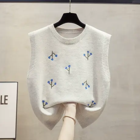 2024秋季新款刺绣针织马甲背心女小个子无袖毛衣叠穿上衣圆领坎肩商品大图