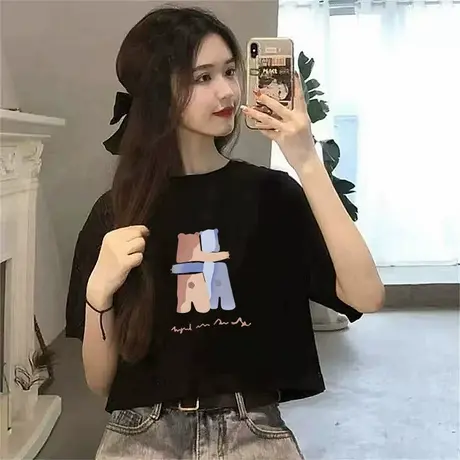 白色卡通正肩印花短袖t恤女2025夏季小个子短款高腰韩系甜辣上衣商品大图