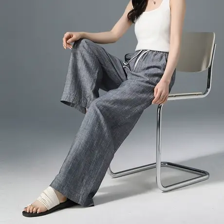 灰色亚麻阔腿裤女夏季薄款天丝垂感慵懒复古宽松休闲拖地直筒裤子商品大图