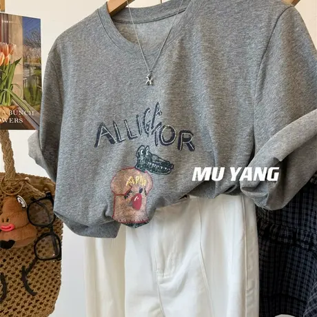 搞怪！苹果鳄鱼奇趣印花休闲圆领短袖T恤女薄款宽松百搭半袖上衣商品大图