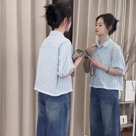 法式刺绣提花短袖衬衫女2025夏季新款小个子休闲减龄韩系薄款衬衣商品大图