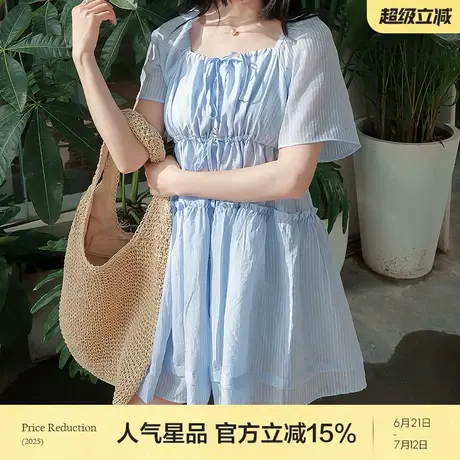 moussy 2025早秋新品甜美收腰一字肩系带条纹连衣裙028ISA33-4051商品大图