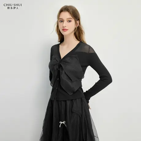 秋水伊人简约蝴蝶结系带针织开衫2025春季新款女通勤风拼接上衣图片