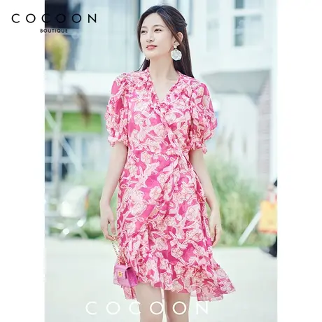 COCOON可可尼商场同款真丝连衣裙女2022新款夏季度假收腰V领裙子图片