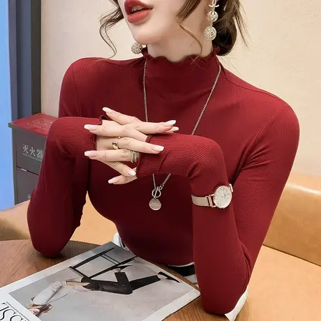 半高领打底衫女长袖内搭秋冬纯色百搭T恤木耳边长袖加厚磨毛上衣图片