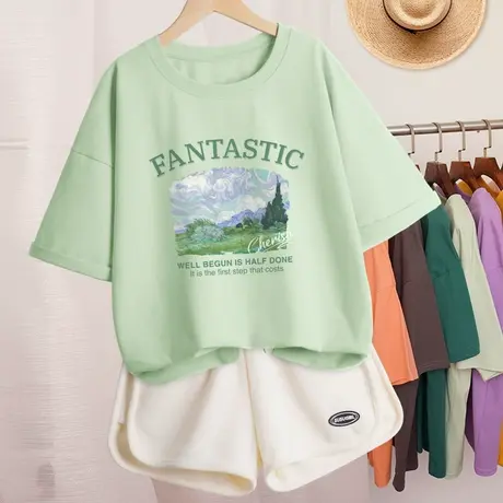 纯棉短袖t恤女2025新款爆款夏季小个子薄荷曼波风穿搭宽松上衣服商品大图