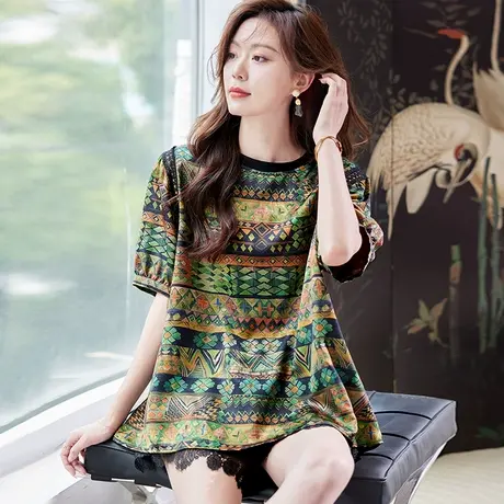 宝诗黎蕾丝拼接印花短袖T恤2025夏季洋气波嬉风宽松慵懒百搭上衣图片