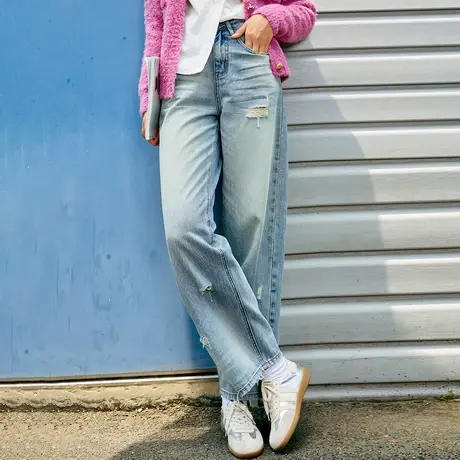 a02美式复古做旧破洞设计九分直筒裤2025春季高腰休闲女式牛仔裤图片