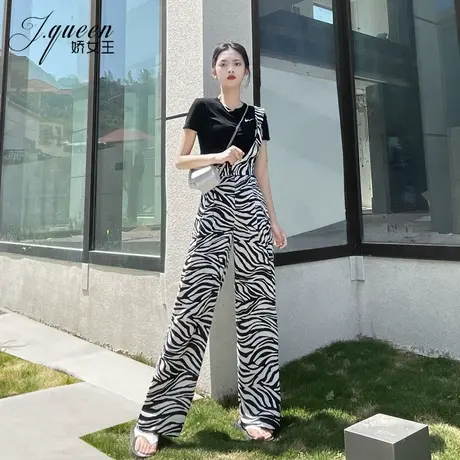 高腰阔腿裤女垂感夏季薄款斑马纹宽松休闲单肩背带裤直筒拖地长裤商品大图