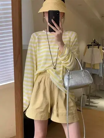 欧洲站2024夏新欧货圆领黄色条纹面膜长袖宽松百搭套头防晒T恤女图片