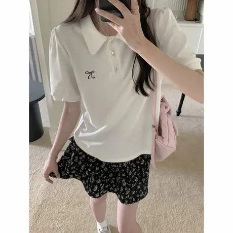 娃娃领蝴蝶结刺绣短袖T恤女夏季宽松显瘦POLO衫半袖上衣体恤潮ins商品大图