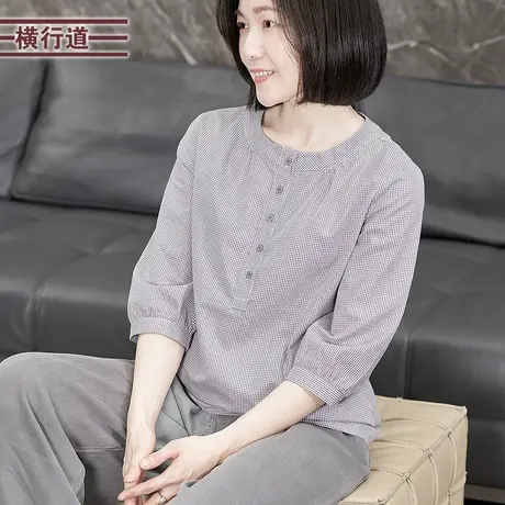 高级质感纯棉宽松文艺衬衫半开门襟旅游穿搭上衣女全棉衬衣七分袖图片