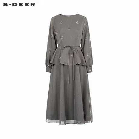 sdeer圣迪奥女装文艺圆领绣花收腰网纱连衣裙S244Z1249商品大图