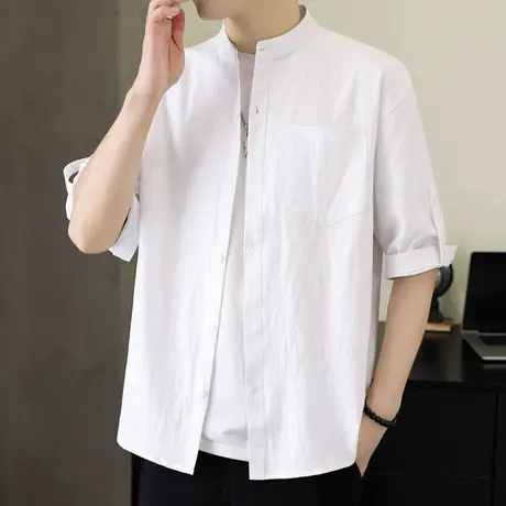 棉麻短袖衬衫男士2025夏季新款潮牌宽松半袖衬衣男款休闲纯色上衣商品大图