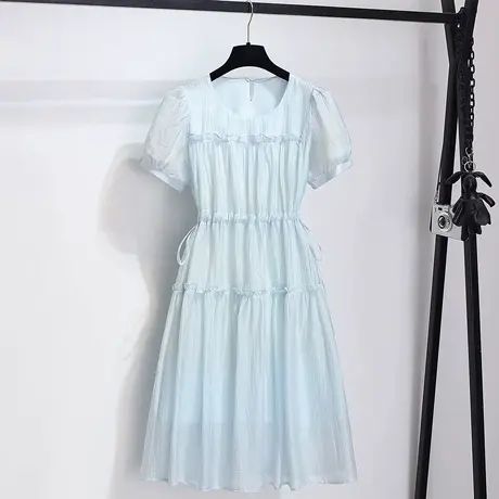 拉夏贝尔蓝色莱赛尔天丝连衣裙女2025夏季新款木耳边收腰显瘦a字商品大图