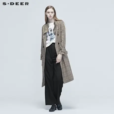 sdeer圣迪奥女装春秋款时尚格纹拼接收腰长款风衣外套S20381820👨商品大图