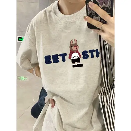 复古卡通上衣oversize大码夏季纯棉T恤女百搭简约风ins潮情侣短袖商品大图