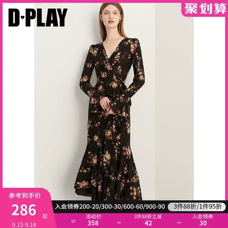 DPLAY2023秋装法式暗夜繁花茶歇裙V领泡泡喇叭袖连衣裙印花裙商品大图