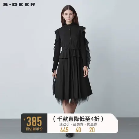 sdeer圣迪奥女秋装收腰网纱风琴褶拼接衬衫连衣裙S221Z1267商品大图