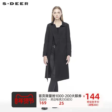 sdeer圣迪奥个性休闲翻领肌理褶皱创意裁剪纯黑风衣S19381851⤴商品大图