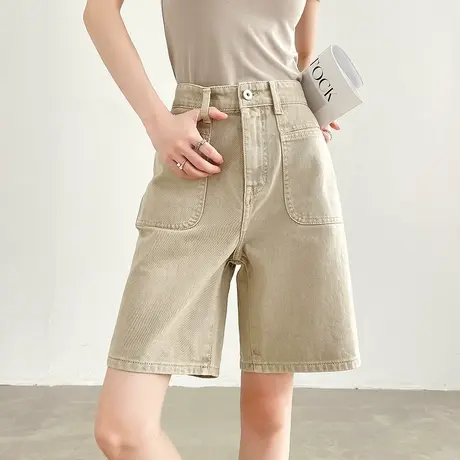 卡其色牛仔短裤女夏季薄款高腰显瘦宽松休闲五分裤百搭直筒中裤子图片