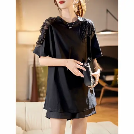 宝诗黎圆领网纱钉珠拼接黑色T恤2025夏季简约百搭棉质休闲短袖女图片