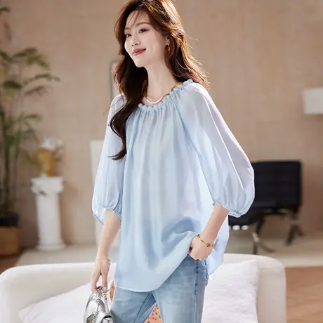 宝诗黎圆领七分袖宽松衬衫女2025夏季韩系时尚简约百搭薄款衬衣图片