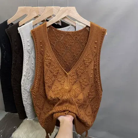 秋季新款V领薄款镂空针织马甲背心女宽松无袖开衫外搭坎肩马夹女商品大图