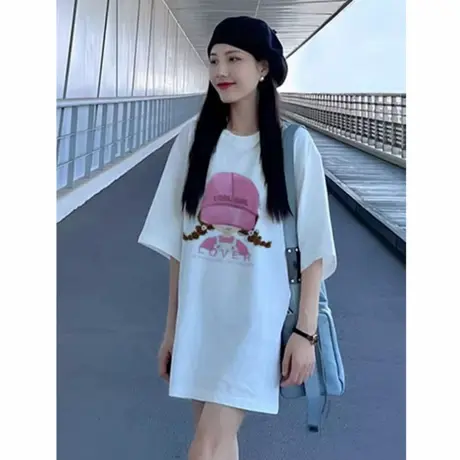 美式潮牌下衣失踪中长款白色短袖t恤女装新款宽松大码遮屁股上衣图片