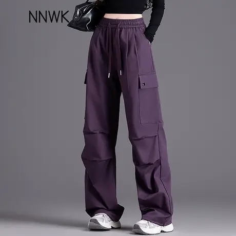 紫色休闲运动裤子女2025新款春夏美式工装裤女酷飒风阔腿裤直筒裤商品大图