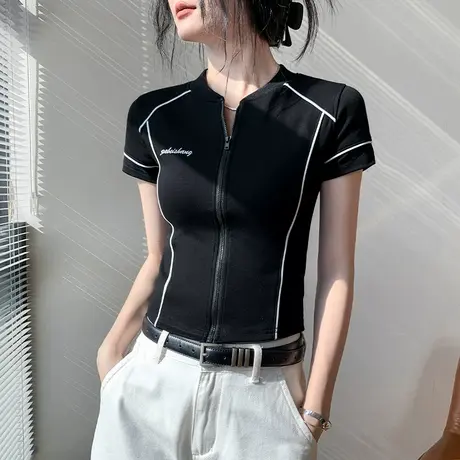 圆领拉链款开衫短袖T恤女2025春夏新款修身字母刺绣别致内搭上衣图片