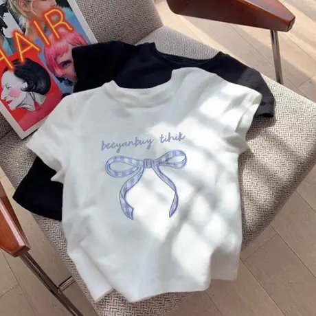 小个子修身美式复古正肩印花白色短袖T恤女2025新款夏季短款上衣商品大图