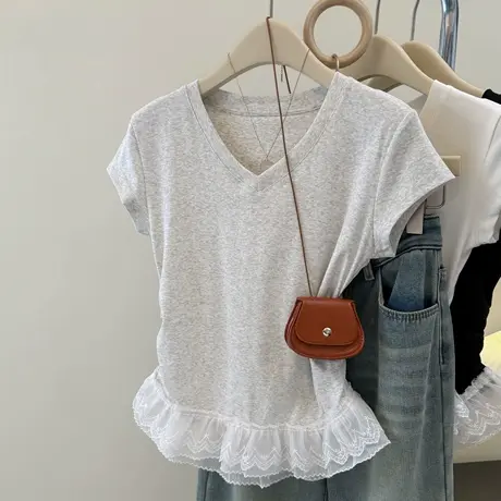 V领蕾丝下摆拼接短袖T恤女夏季韩版修身褶皱收腰设计感甜辣妹上衣商品大图