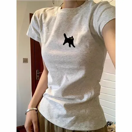 辣妹韩版chic修身t恤女小众设计感印花短袖ins大码正肩飞飞袖上衣商品大图