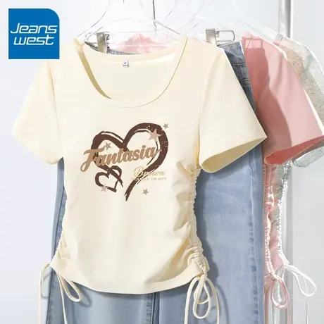 KV真维斯抽绳修身短袖t恤女2025新款夏季体恤U领显瘦露锁骨上衣女商品大图