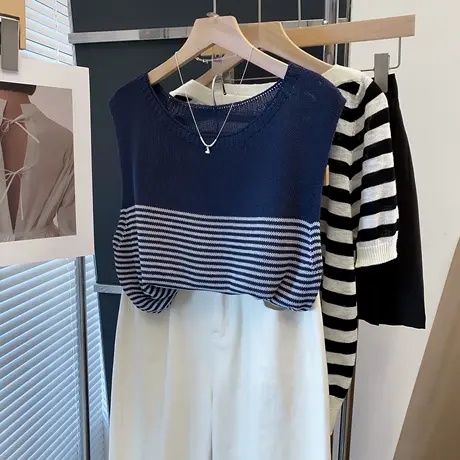 圆领条纹天丝亚麻针织背心女2025夏装新款宽松上衣无袖薄t恤衫潮商品大图