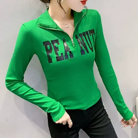 2024秋季新款拉链POLO领上衣欧货设计感洋气修身长袖T恤打底衫潮图片