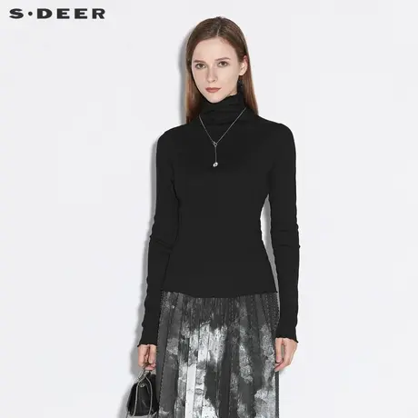 sdeer圣迪奥女装春秋装木耳边高领基本款长袖针织T恤S21380201图片