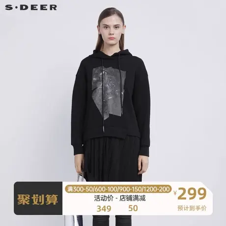 sdeer圣迪奥女装连帽撞色胶印百褶拼接长款卫衣外套S21362228图片