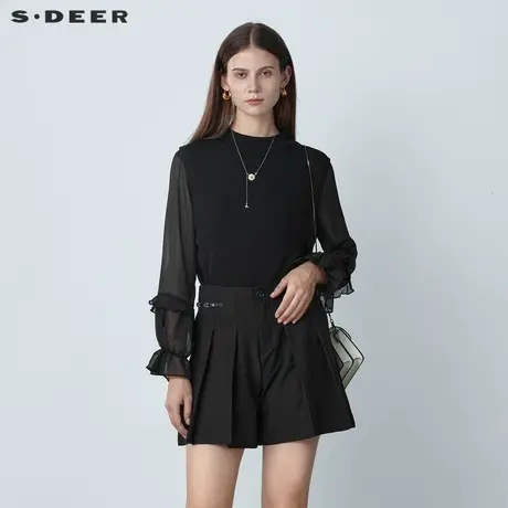 【直播间专属】sdeer圣迪奥罗纹圆领抽褶拼接黑色针织衫S221Z3509图片