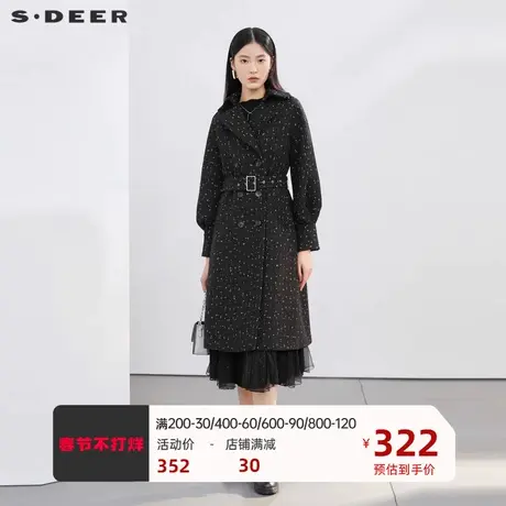 sdeer圣迪奥女装复古格纹西装领收腰毛呢大衣S22482507图片