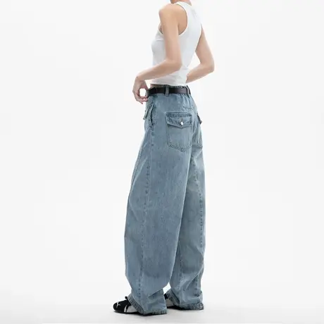 美式复古分割直筒阔腿牛仔裤女2025夏季新款宽松百搭休闲弯刀长裤商品大图