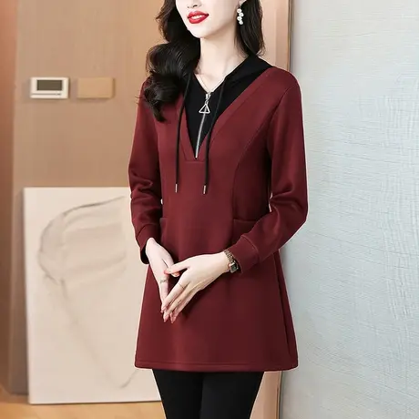春秋大码t恤女装新款时尚连帽休闲中长款加绒加厚保暖妈妈打底衫图片