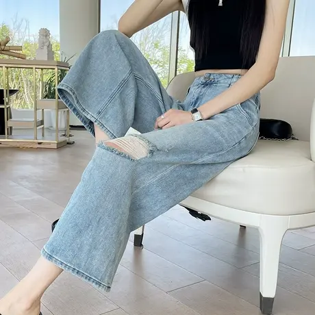 破洞牛仔阔腿裤女夏季薄款小个子高腰复古宽松窄版七八分直筒裤子商品大图