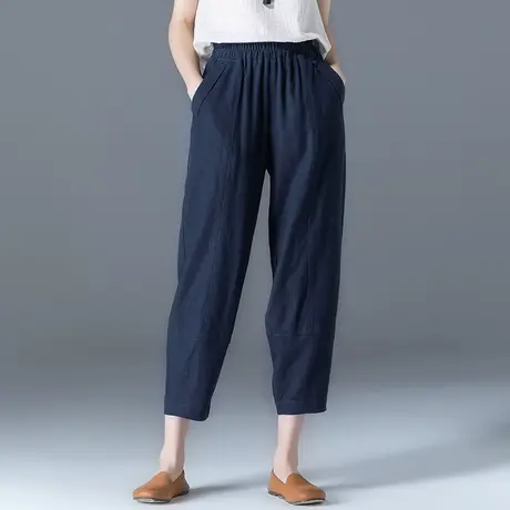中年妈妈棉麻女裤子夏季薄款宽松加大码松紧腰阔腿亚麻休闲九分裤商品大图