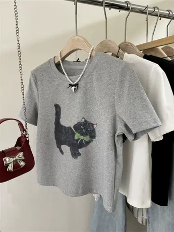 卡通猫咪印花圆领短袖T恤 2024春夏新款复古正肩显瘦短款上衣tee商品大图