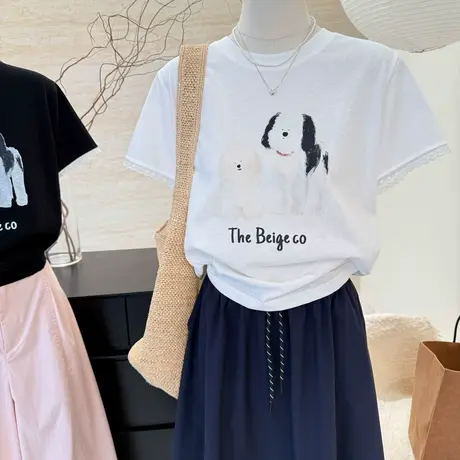 韩系拼接蕾丝小狗印花雪花棉短袖t恤女2025夏季新款舒适百搭上衣图片