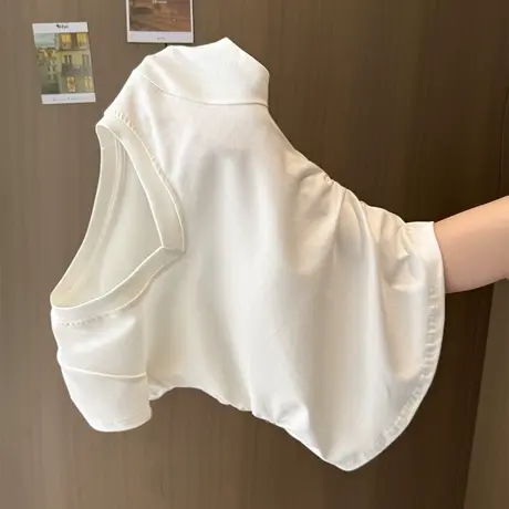 白色V领正肩短袖T恤女夏季修身韩版打底衫内搭短款褶皱收腰上衣潮商品大图