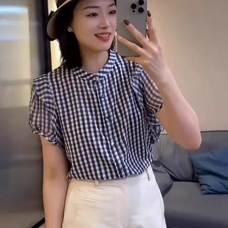 法式圆领荷叶边袖格子短袖衬衫女夏季新款时尚洋气百搭雪纺衫上衣商品大图